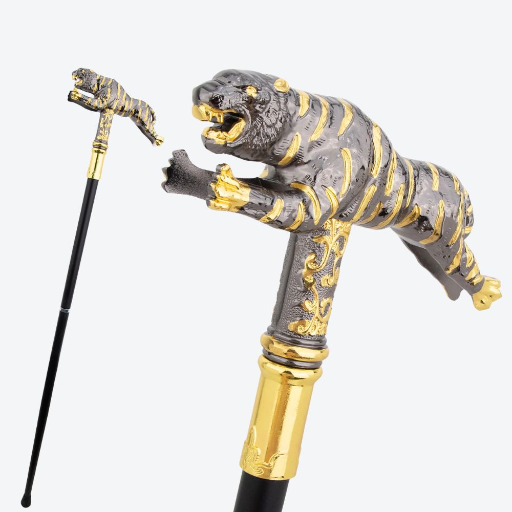 Ancestral Golden Tiger Wooden Cane Classic Dark Silver-Bastoni UK