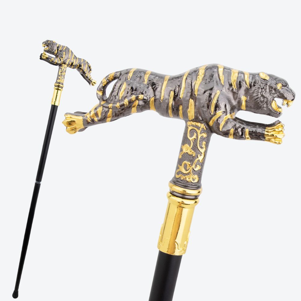 Ancestral Golden Tiger Wooden Cane Classic Dark Silver-Bastoni UK