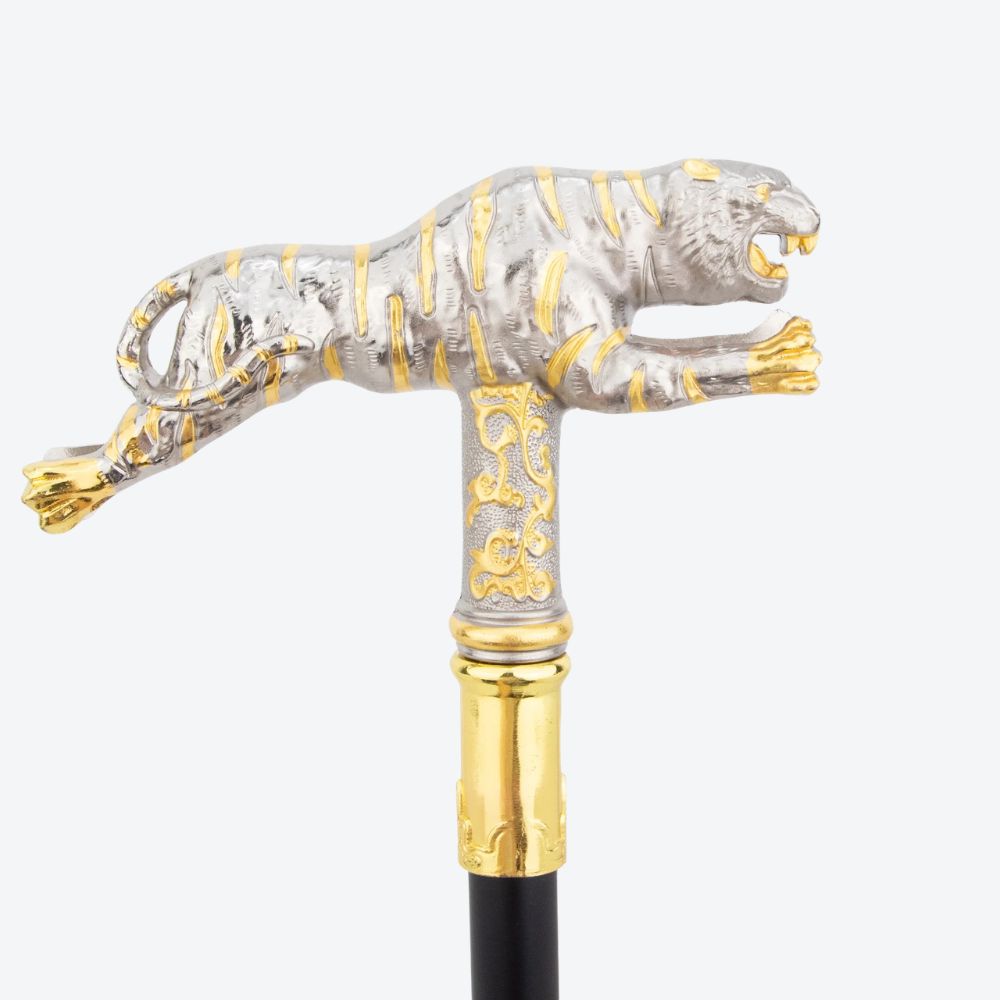Ancestral Golden Tiger Wooden Cane Light Silver-Bastoni UK