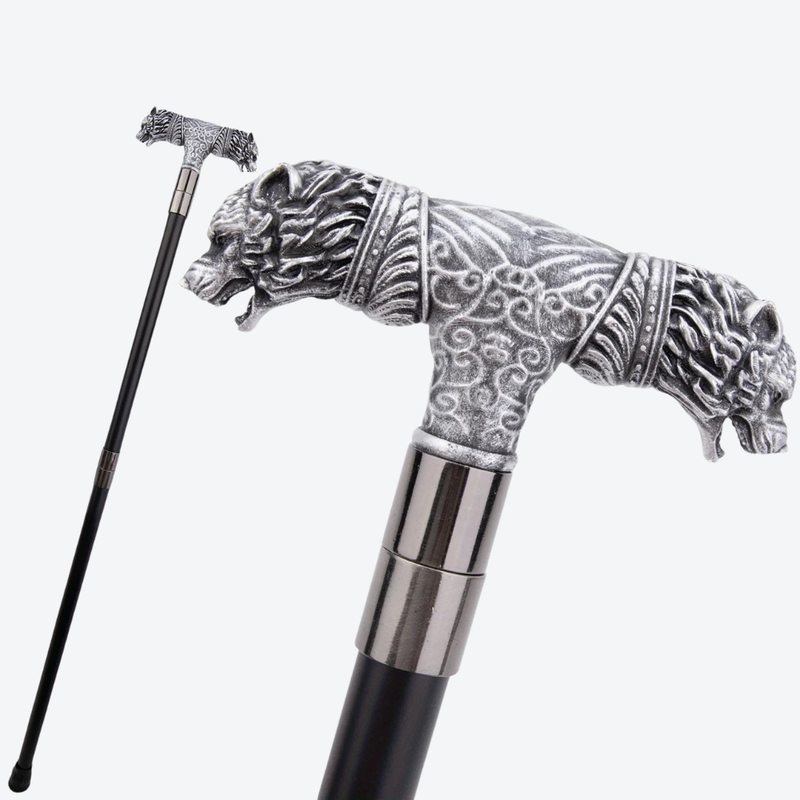 Classic Metal Walking Cane with Double Wolf Head-Bastoni UK