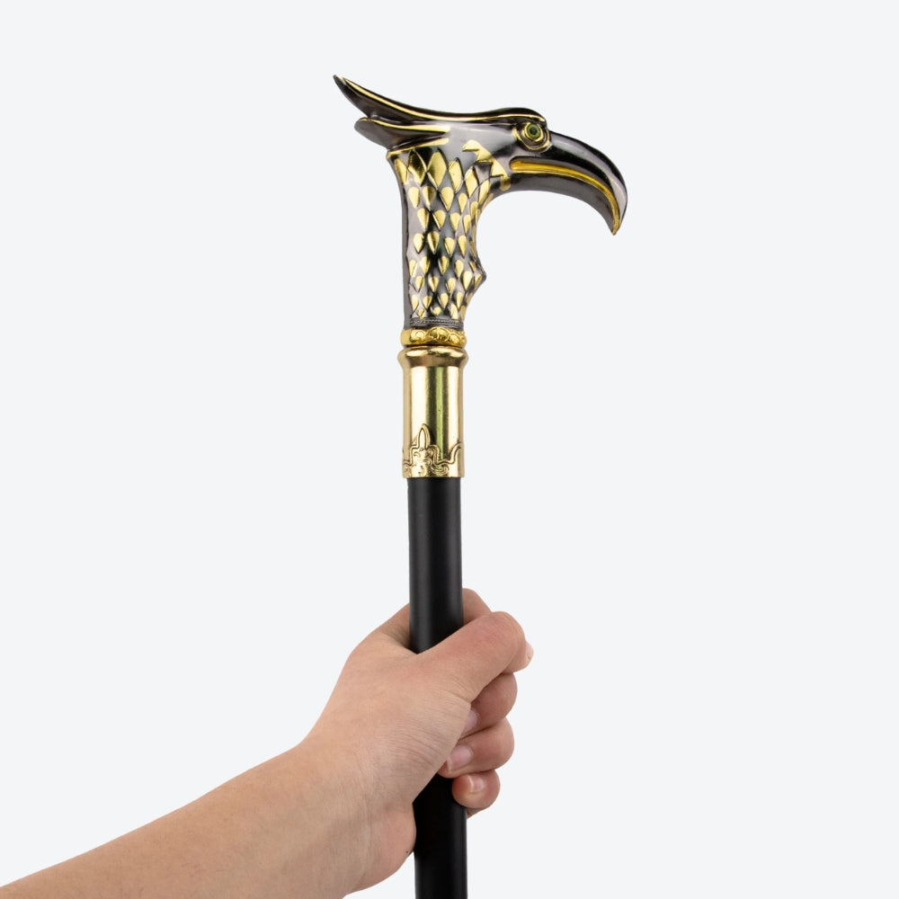 Elegant Metal Walking Stick with Oriental Eagle Design, Silver/Gold - Bastoni