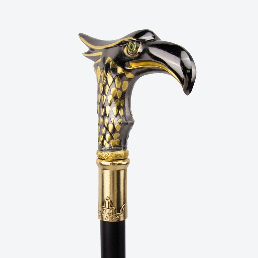 Elegant Metal Walking Stick with Oriental Eagle Design, Silver/Gold - Bastoni