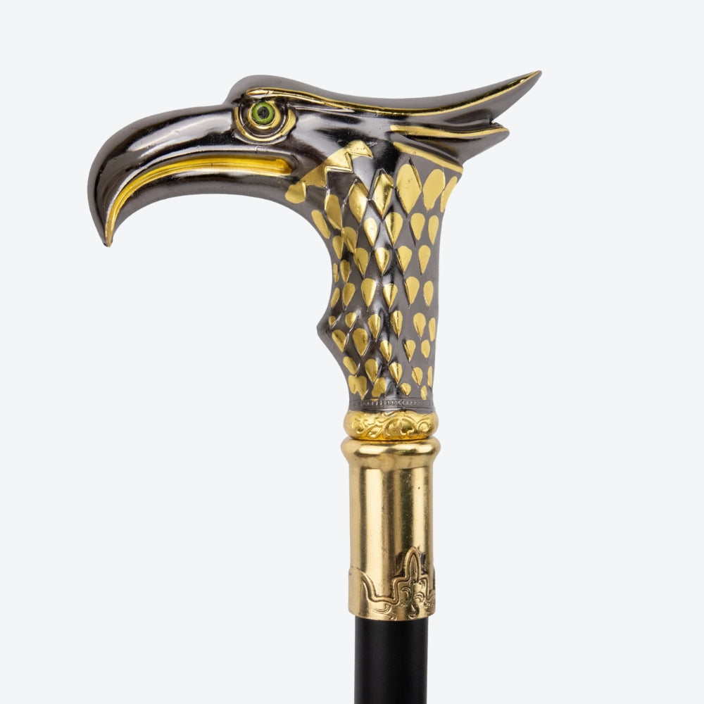 Elegant Metal Walking Stick with Oriental Eagle Design, Silver/Gold - Bastoni