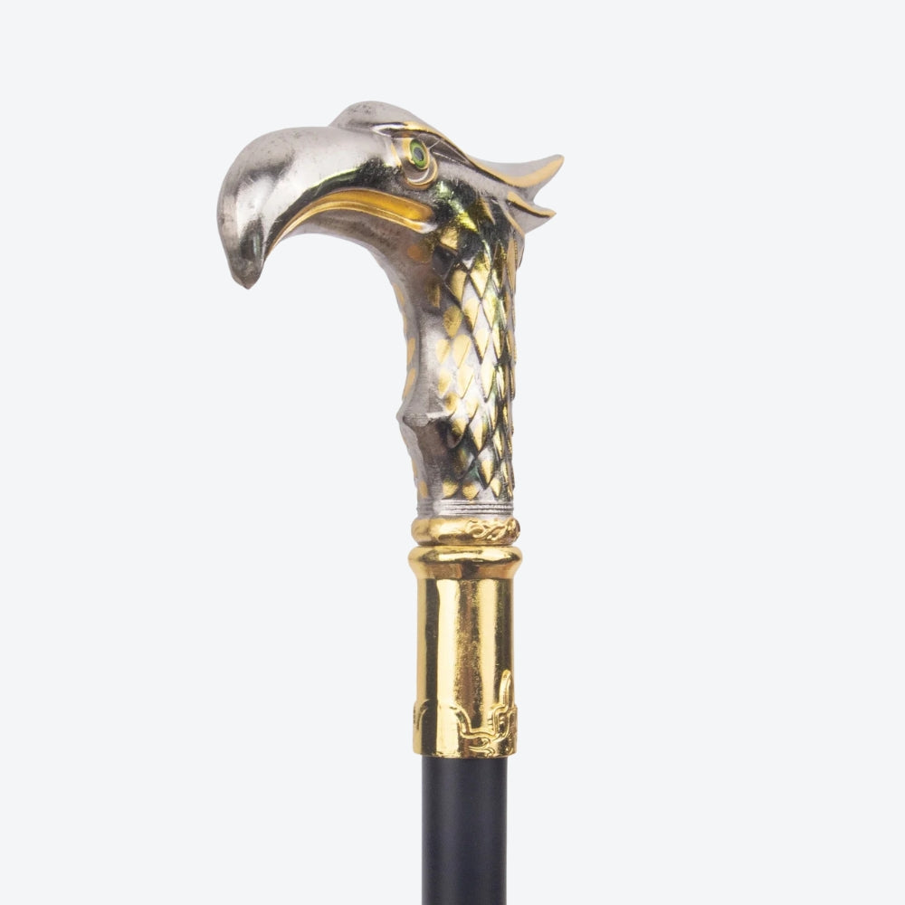 Elegant Metal Walking Stick with Oriental Eagle Design, Silver/Gold - Bastoni