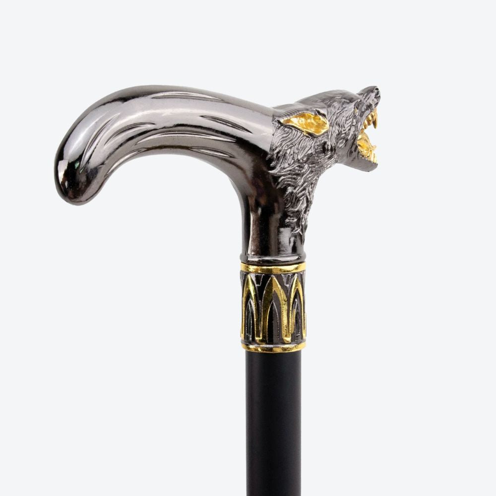 Elegant Metallic Alpha Wolf Cane Black/Gold - Bastoni