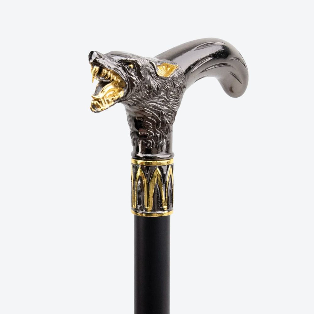 Elegant Metallic Alpha Wolf Cane Black/Gold - Bastoni