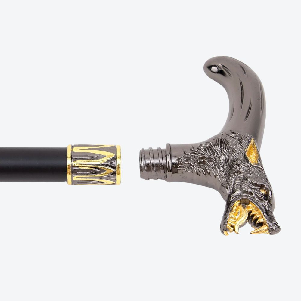 Elegant Metallic Alpha Wolf Cane Black/Gold - Bastoni