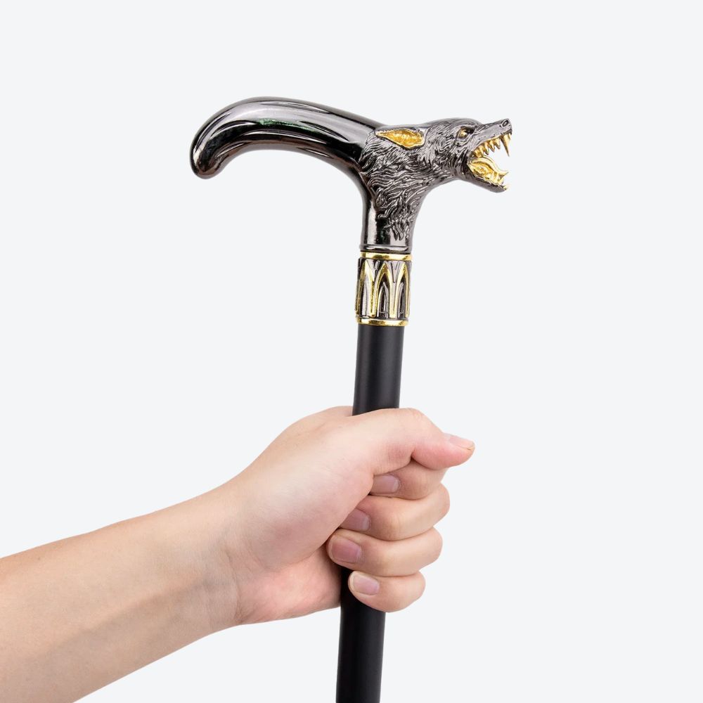 Elegant Metallic Alpha Wolf Cane Black/Gold - Bastoni