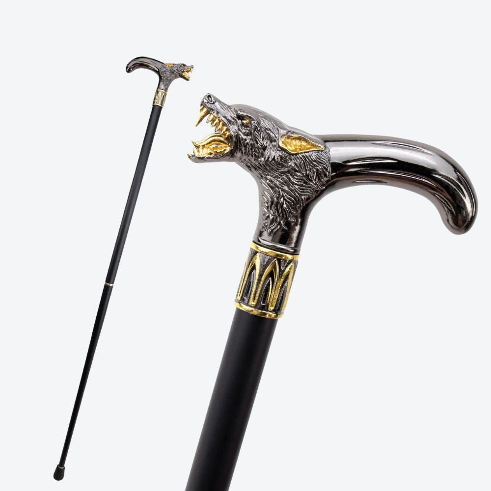 Elegant Metallic Alpha Wolf Cane Black/Gold - Bastoni