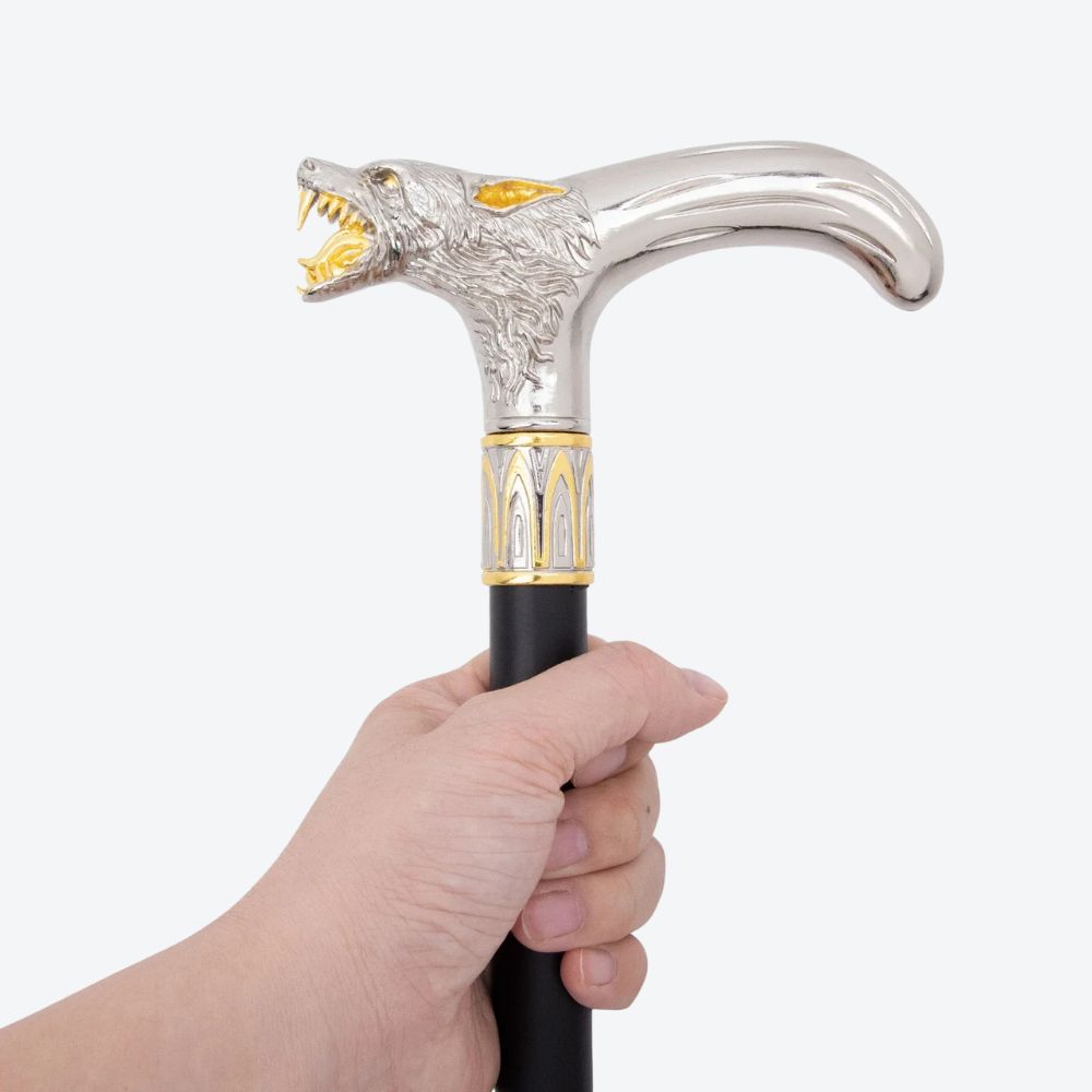 Elegant Metallic Alpha Wolf Cane Silver/Gold - Bastoni