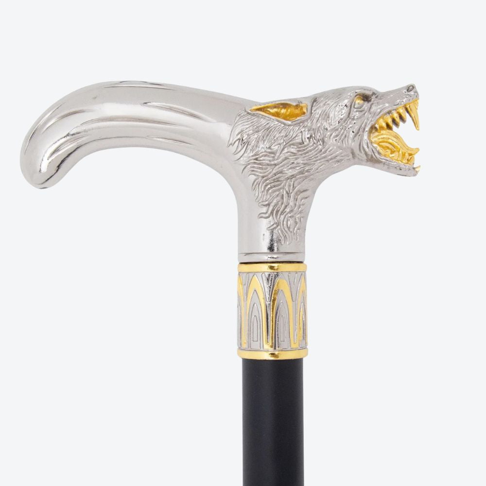 Elegant Metallic Alpha Wolf Cane Silver/Gold - Bastoni