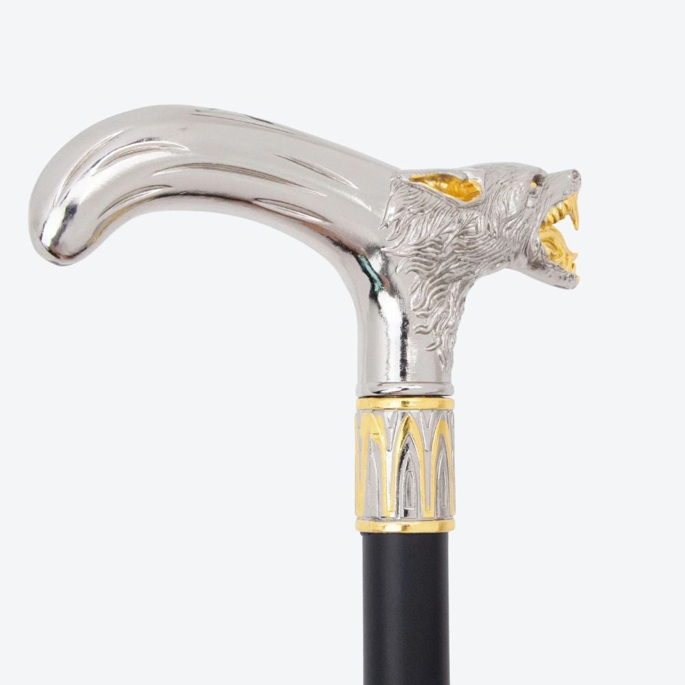 Elegant Metallic Alpha Wolf Cane Silver/Gold - Bastoni
