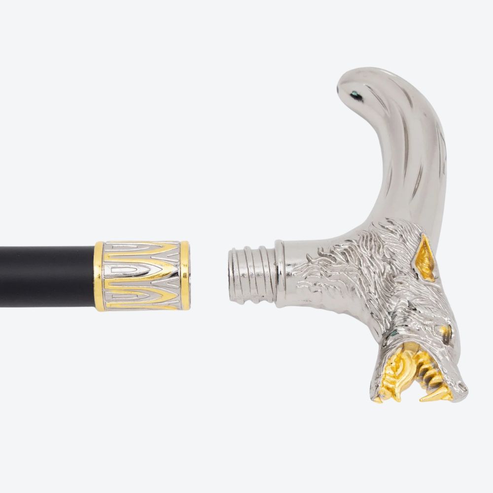 Elegant Metallic Alpha Wolf Cane Silver/Gold - Bastoni