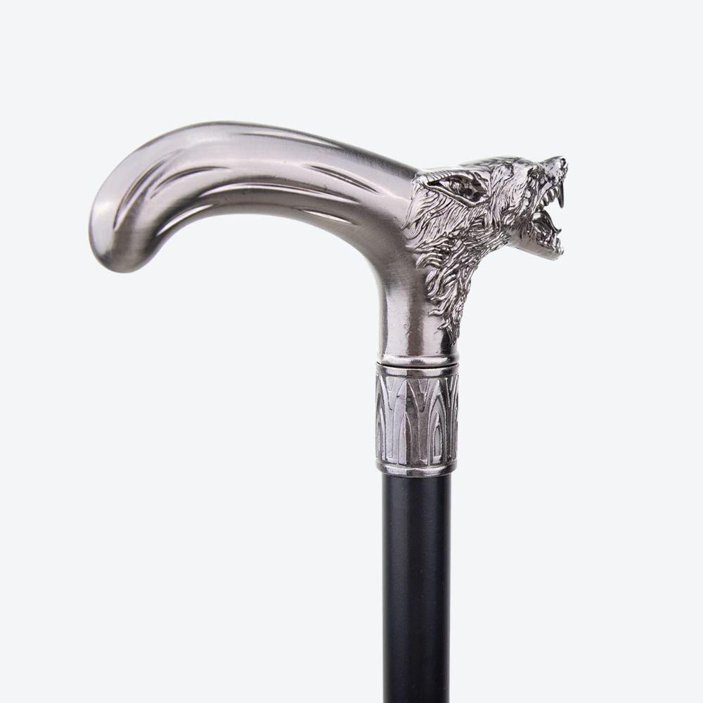 Elegant Metallic Silver Alpha Wolf Cane - Bastoni