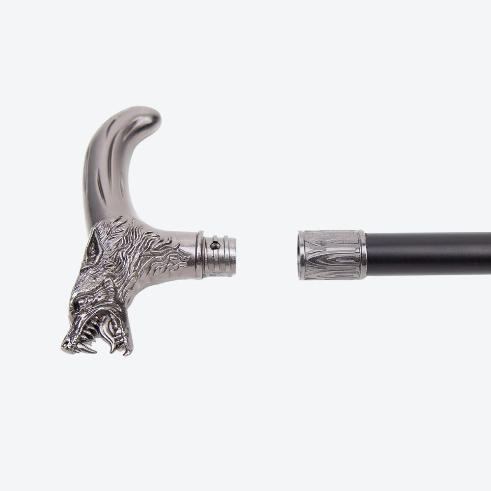 Elegant Metallic Silver Alpha Wolf Cane - Bastoni