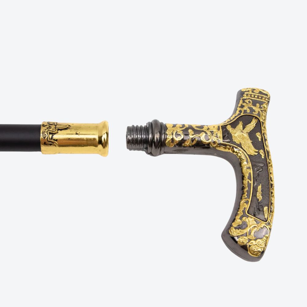 Elegant walking stick with golden eagle handle and dark wood - Bastoni