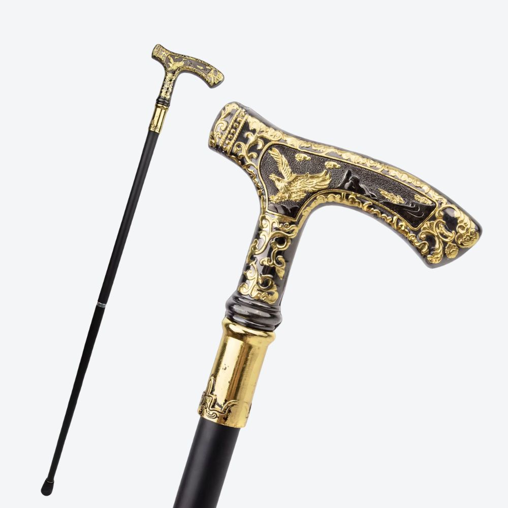 Elegant walking stick with golden eagle handle and dark wood - Bastoni
