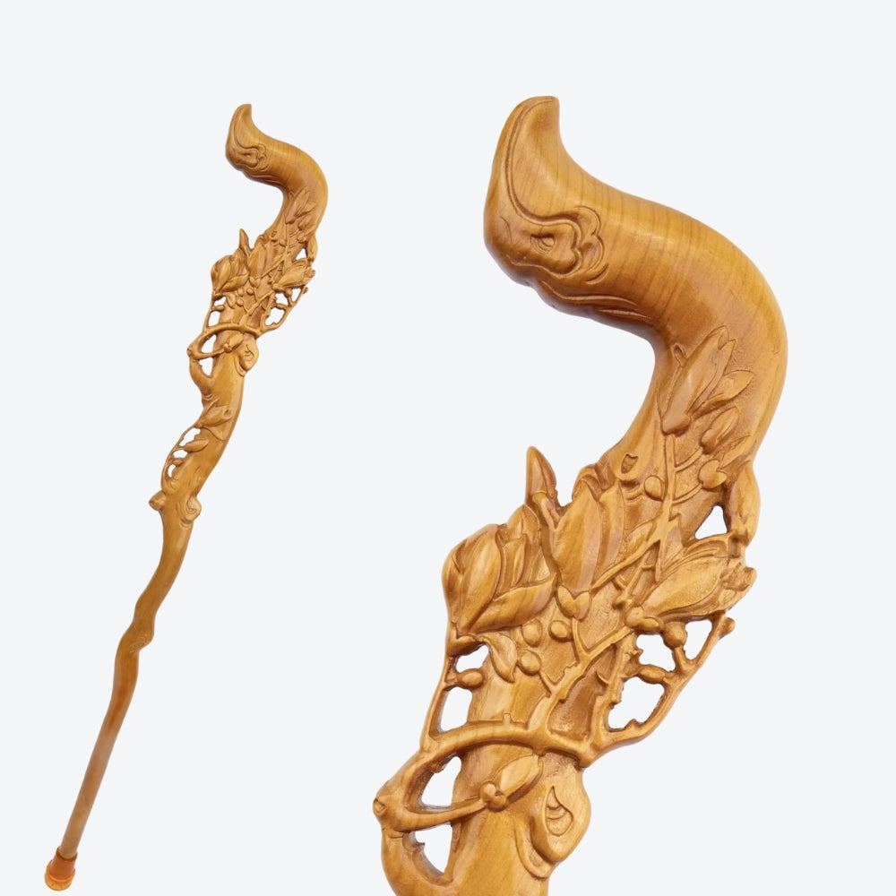 Elegant Wooden Walking Stick with Flower Bouquet - Bastoni