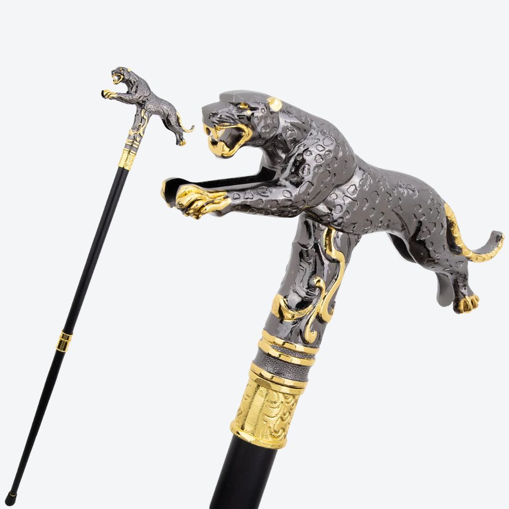 Golden Leopard Metal Cane Graphite/Gold-Bastoni UK