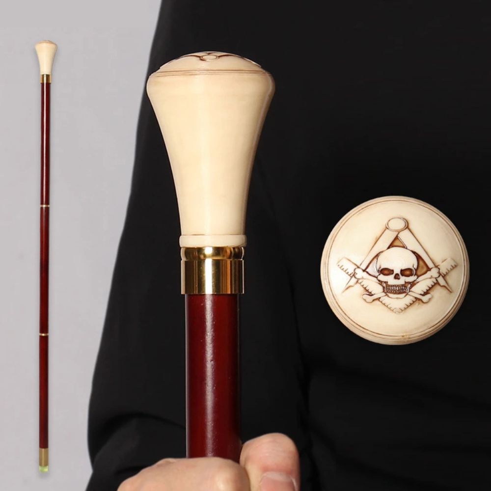 Masonic Cane Compass, Square and Red Skull Bastoni