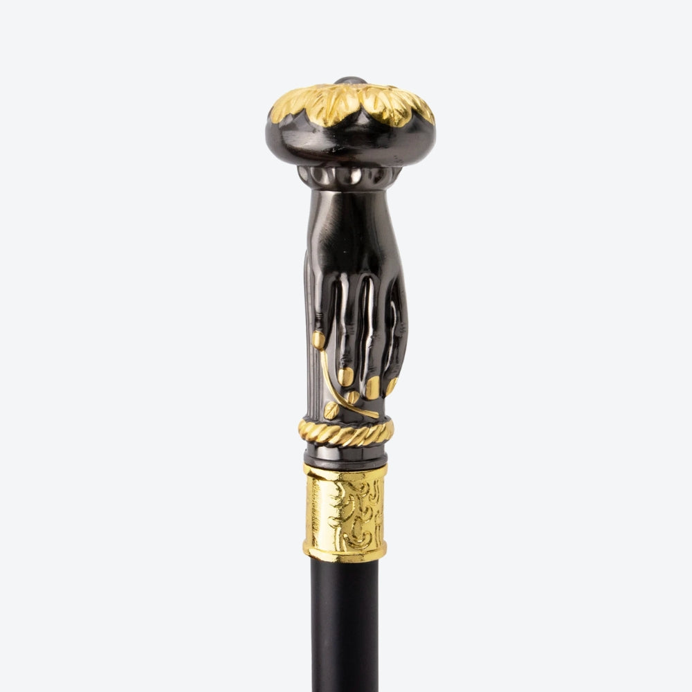 Metallic Walking Stick with Noble Flower Design, Black/Gold - Bastoni
