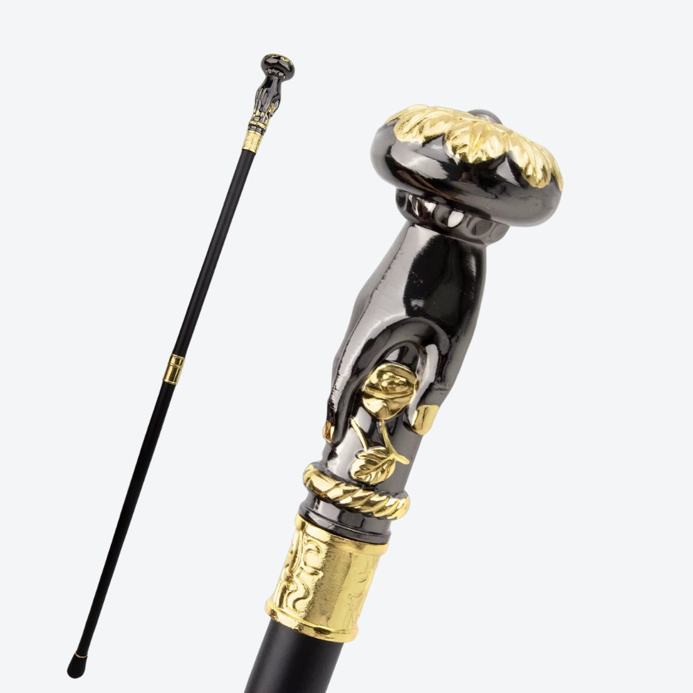 Metallic Walking Stick with Noble Flower Design, Black/Gold - Bastoni