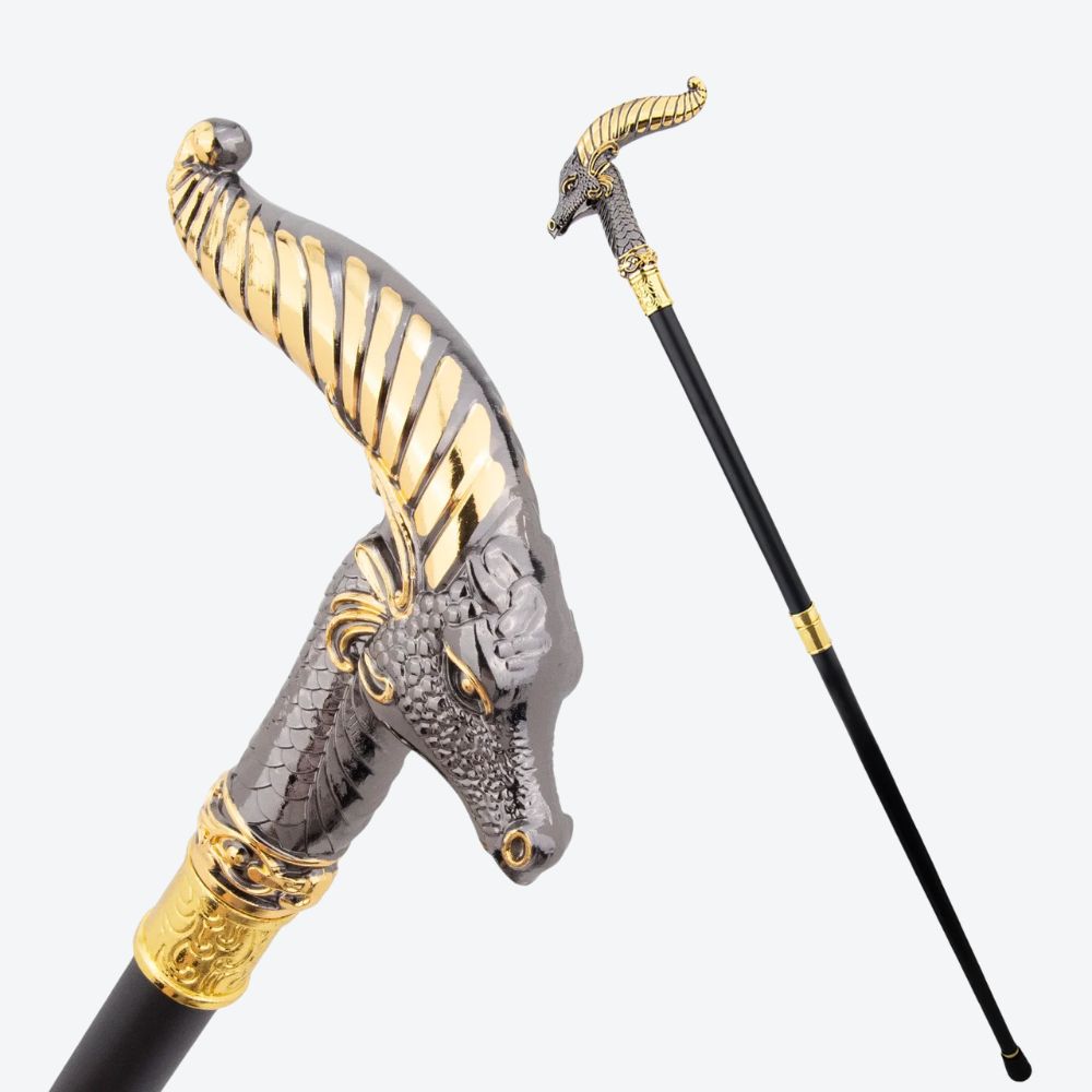 Mountain Goat Metal Cane Dark Silver/Golden-Bastoni Co