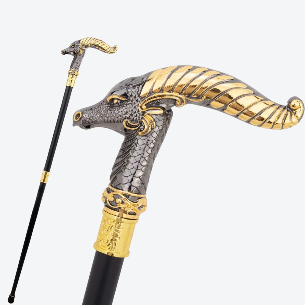 Mountain Goat Metal Cane Dark Silver/Golden-Bastoni Co