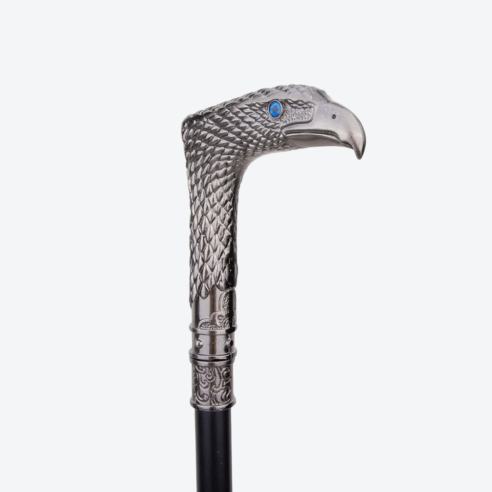 Rustic Metal Walking Stick with Silver Hawk Design - Bastoni