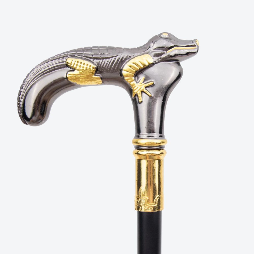 Rustic Metal Cane with Crocodile Design, Dark Silver and Gold - Bastoni