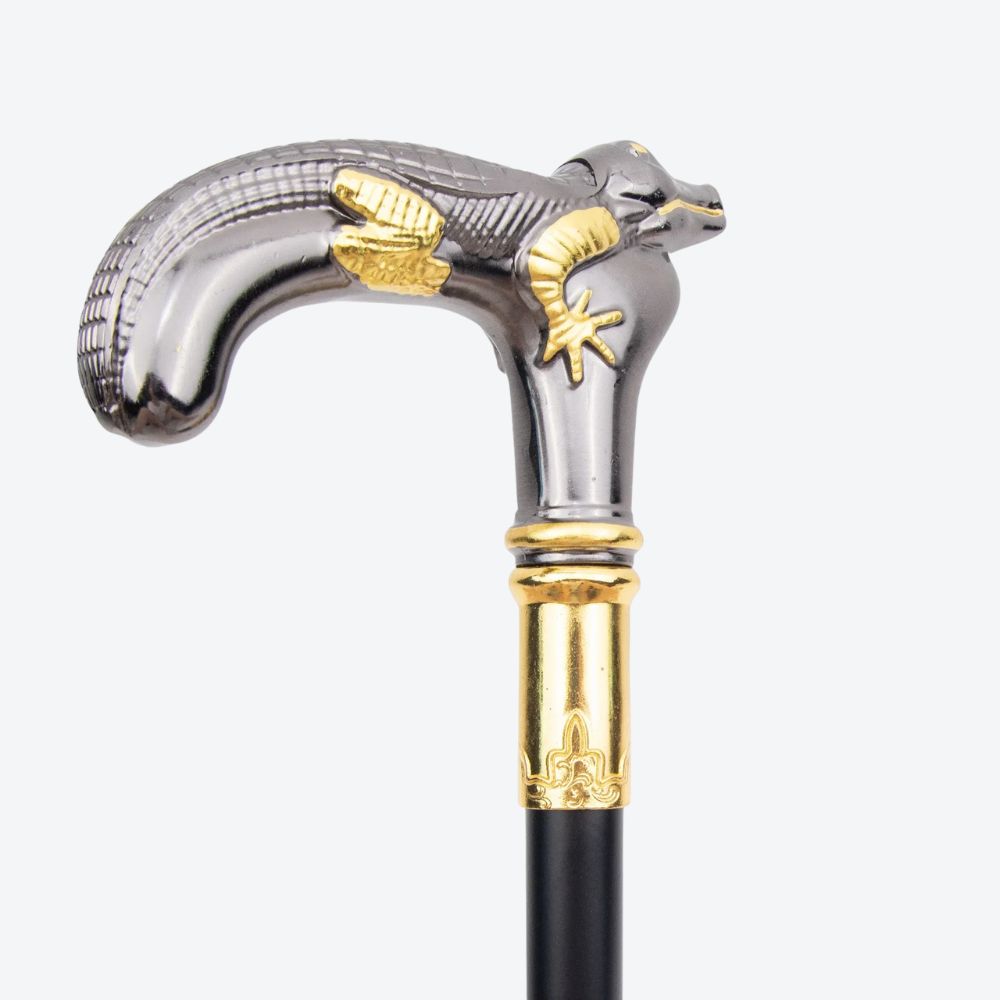 Rustic Metal Cane with Crocodile Design, Dark Silver and Gold - Bastoni