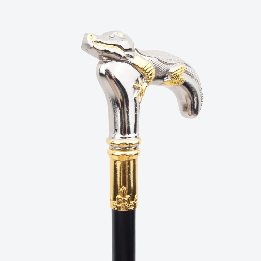 Rustic Metal Crocodile Walking Stick, Silver and Gold - Bastoni
