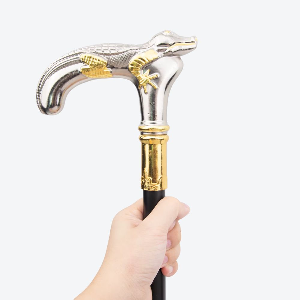 Rustic Metal Crocodile Walking Stick, Silver and Gold - Bastoni
