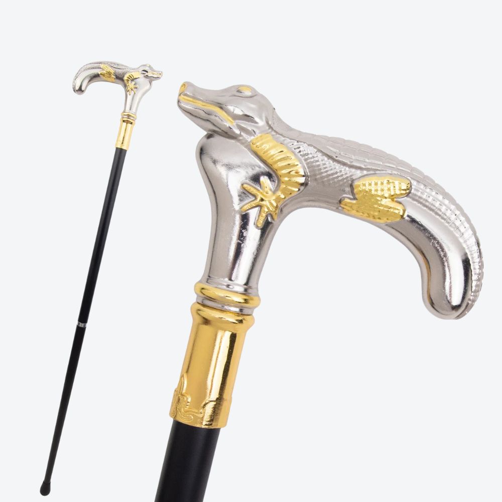 Rustic Metal Crocodile Walking Stick, Silver and Gold - Bastoni