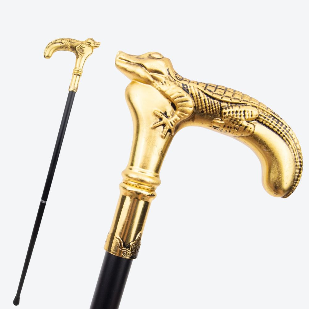 Rustic Metal Cane with Golden Crocodile Design - Bastoni