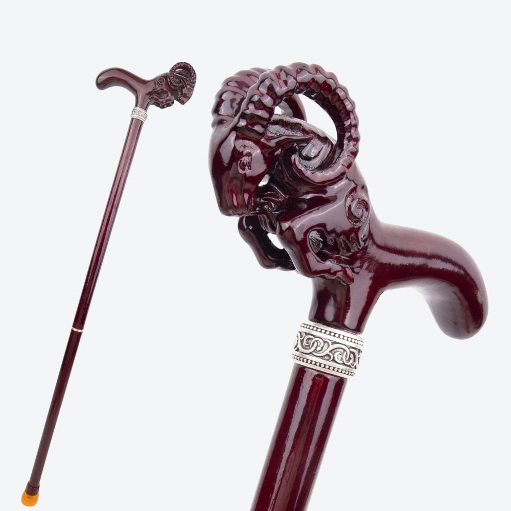 Rustic Wooden Walking Stick with Goat Design - Bastoni