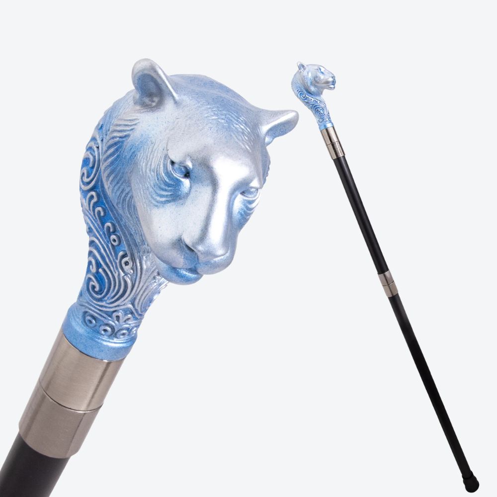 Sculptural Leopard Metal Cane Bluish Silver-Bastoni UK