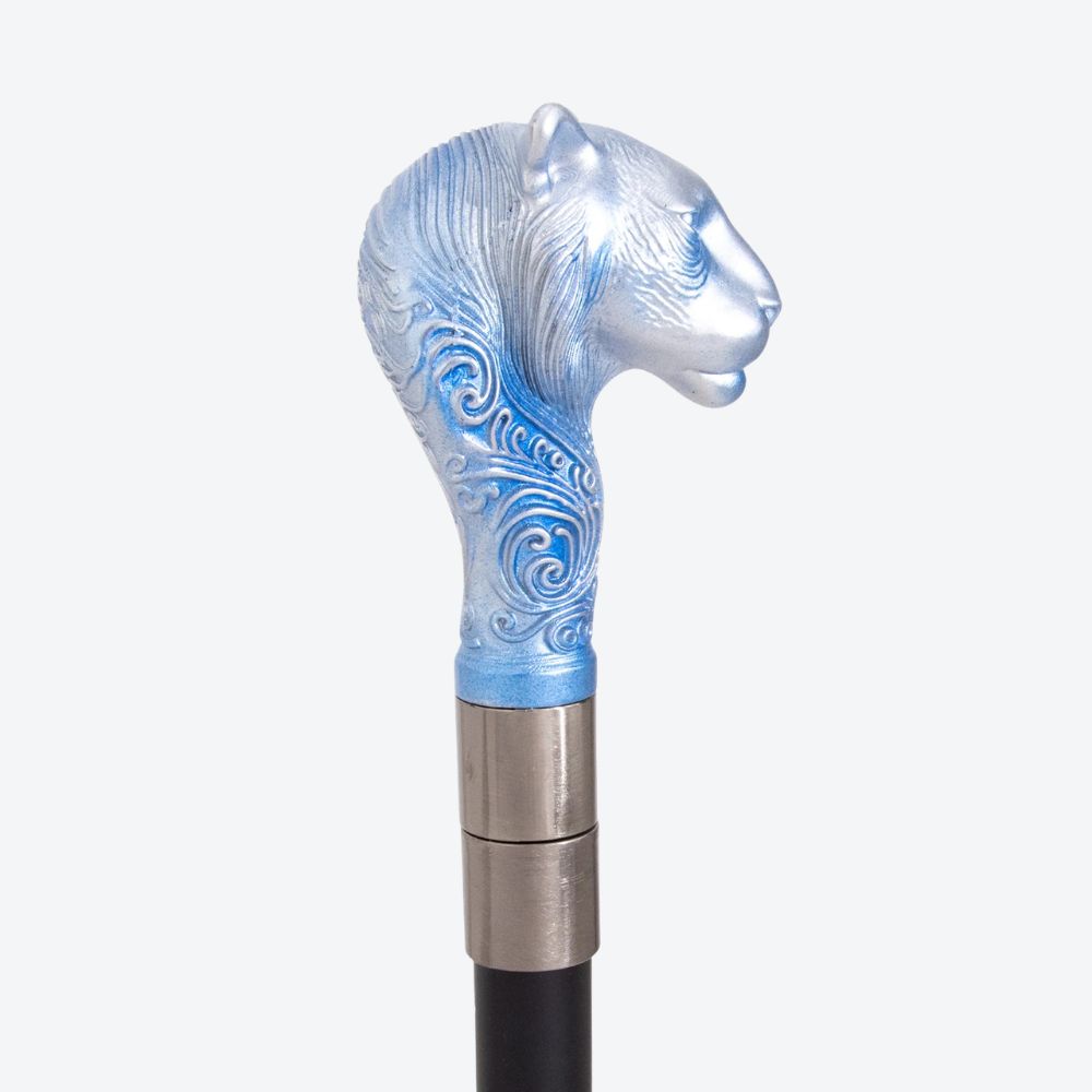 Sculptural Leopard Metal Cane Bluish Silver-Bastoni UK