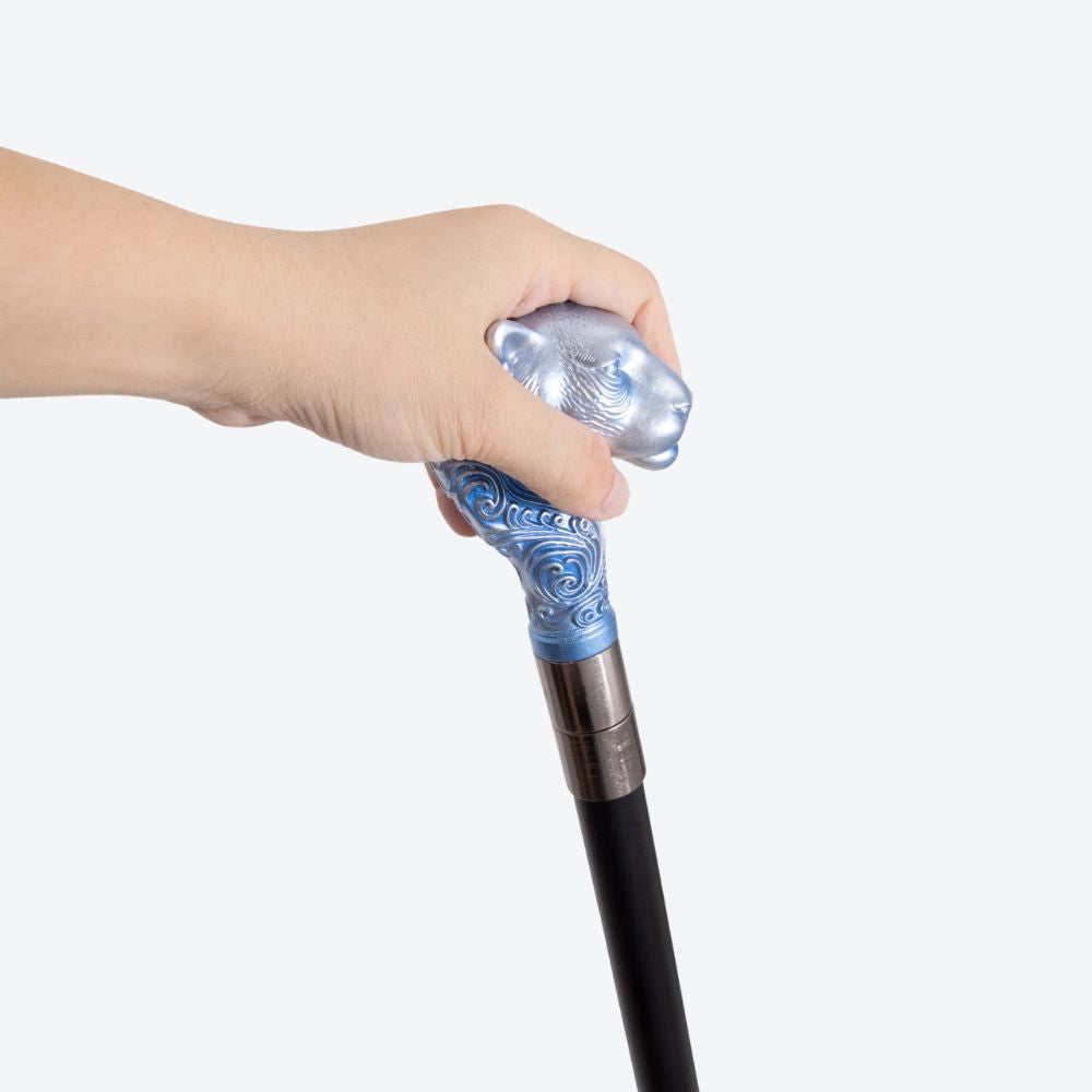 Sculptural Leopard Metal Cane Bluish Silver-Bastoni UK