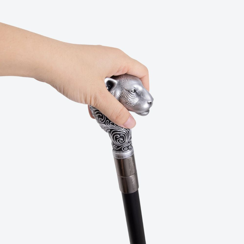 Sculptural Leopard Metal Cane Silver-Bastoni UK