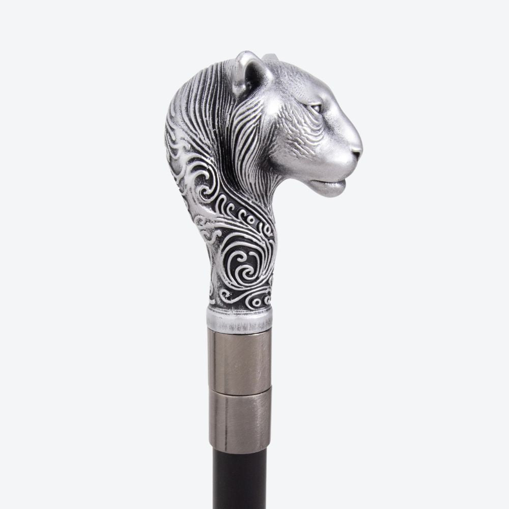 Sculptural Leopard Metal Cane Silver-Bastoni UK