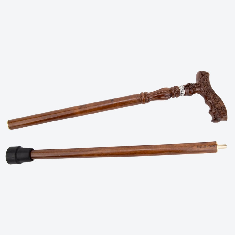 Classic Victorian Walking Stick in Carved Brown Wood - Bastoni