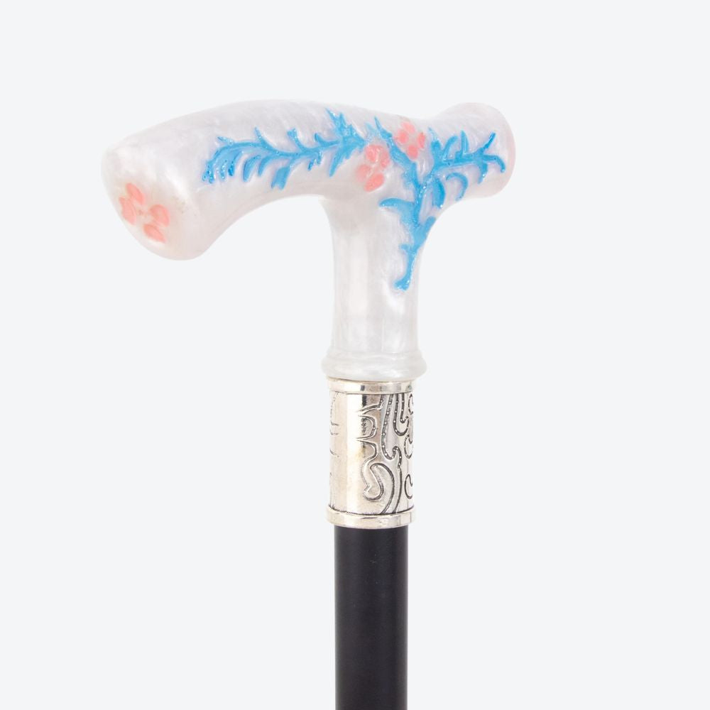 Vintage Summer Flowers Metal Cane White/Blue-Bastoni UK