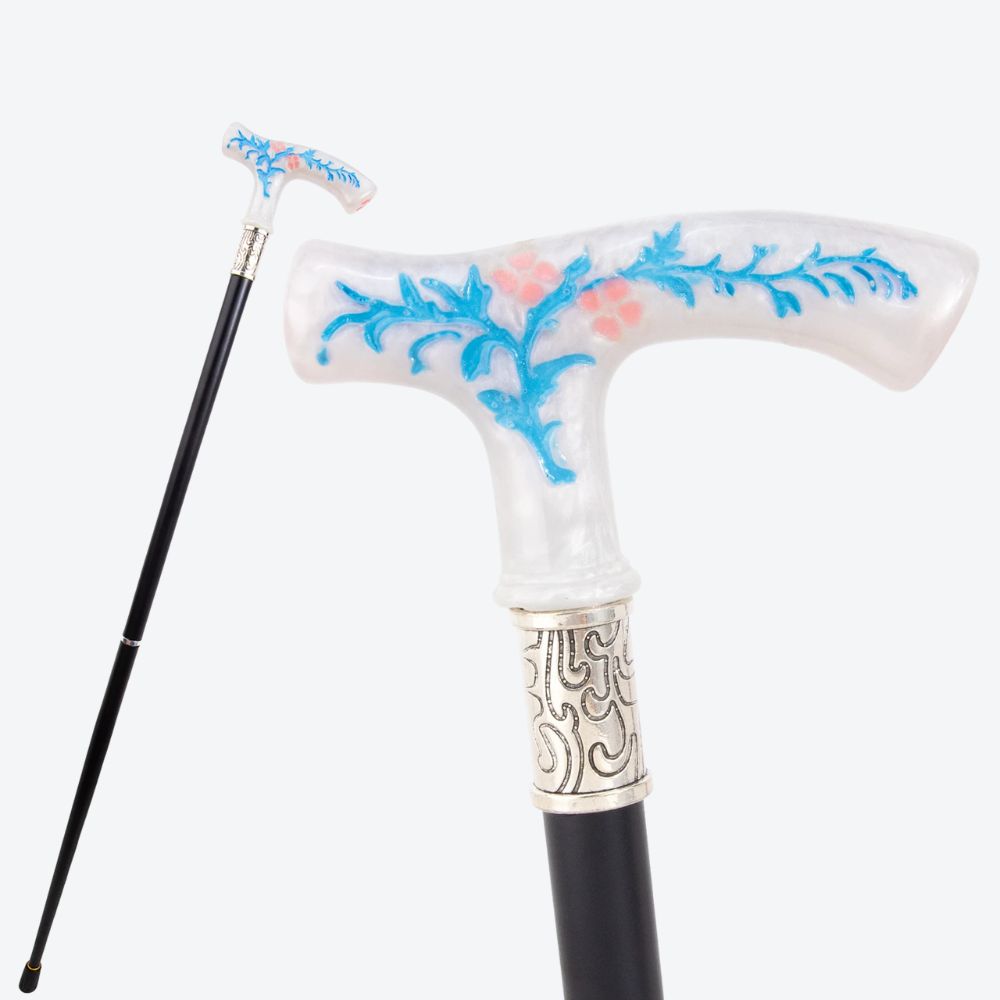 Vintage Summer Flowers Metal Cane White/Blue-Bastoni UK