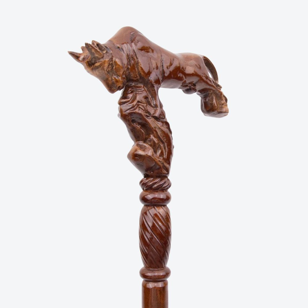 Vintage Wooden Walking Stick with Carved Bull - Bastoni