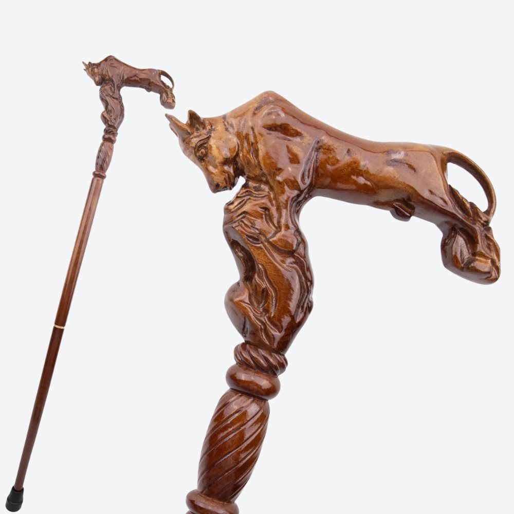 Vintage Wooden Walking Stick with Carved Bull - Bastoni