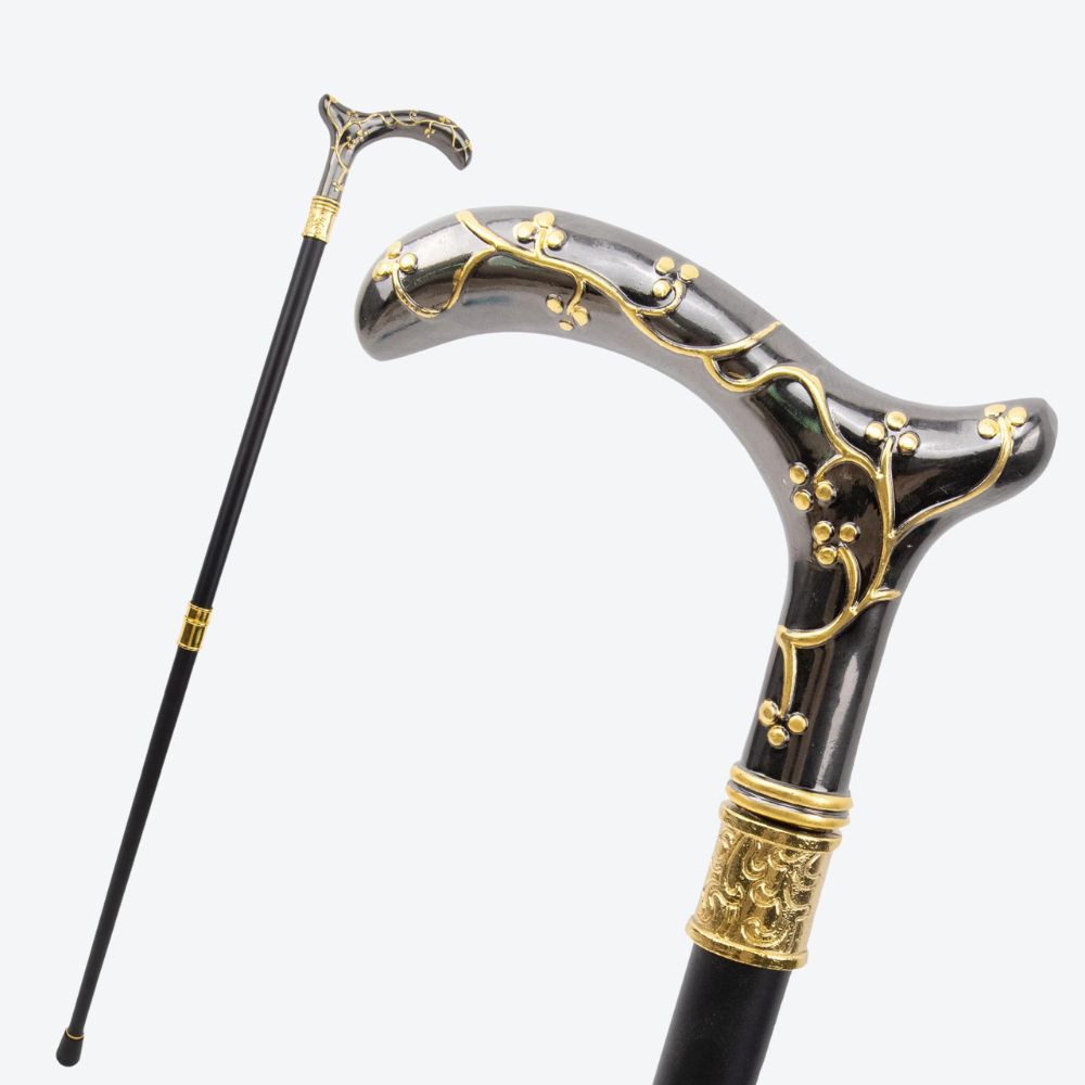 Women's Metallic Plum Blossom Cane, Black/Gold. Bastoni