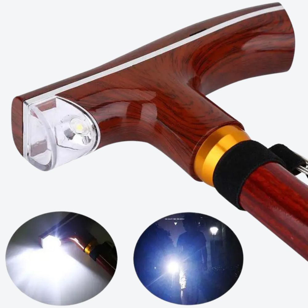 Bastoni Wine Wooden Style Metal Cane with LED Flashlight