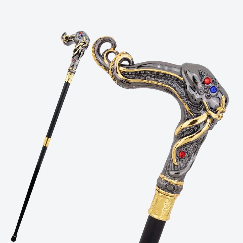 Octopus Skull Metal Cane Dark Silver