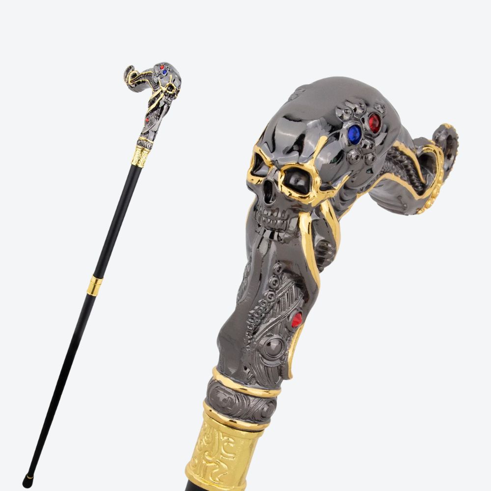 Octopus Skull Metal Cane Dark Silver